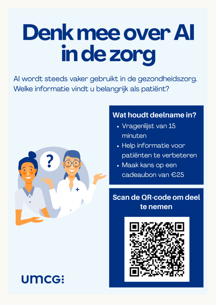 Afbeelding van de flyer van het onderzoek naar de informatiebehoefte van inwoners rond AI in de zorg